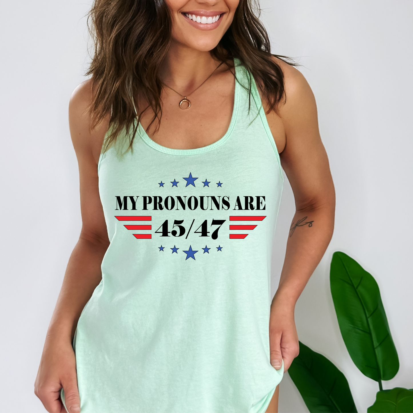 My Pronouns are 45/47 - Women's Racerback Tank