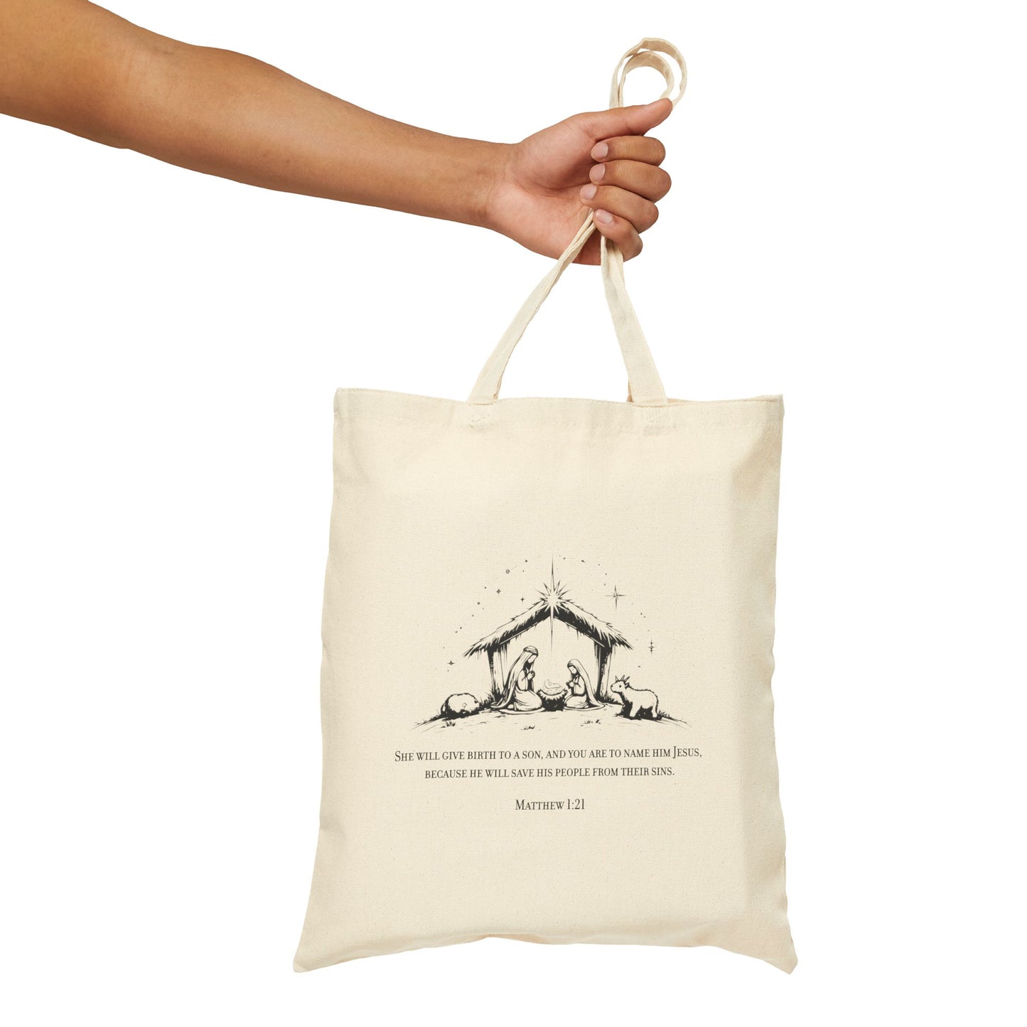Christmas Nativity Matthew 1:21 - Cotton Canvas Tote Bag