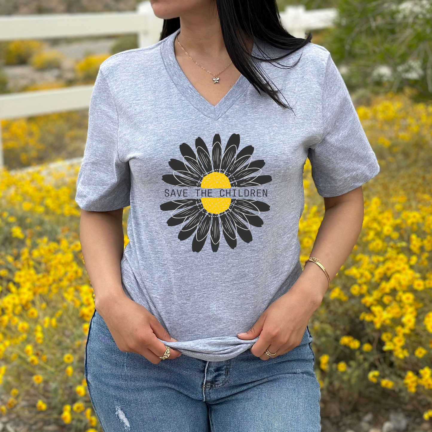 Save The Children Sunflower - Unisex V-Neck Jersey Tee