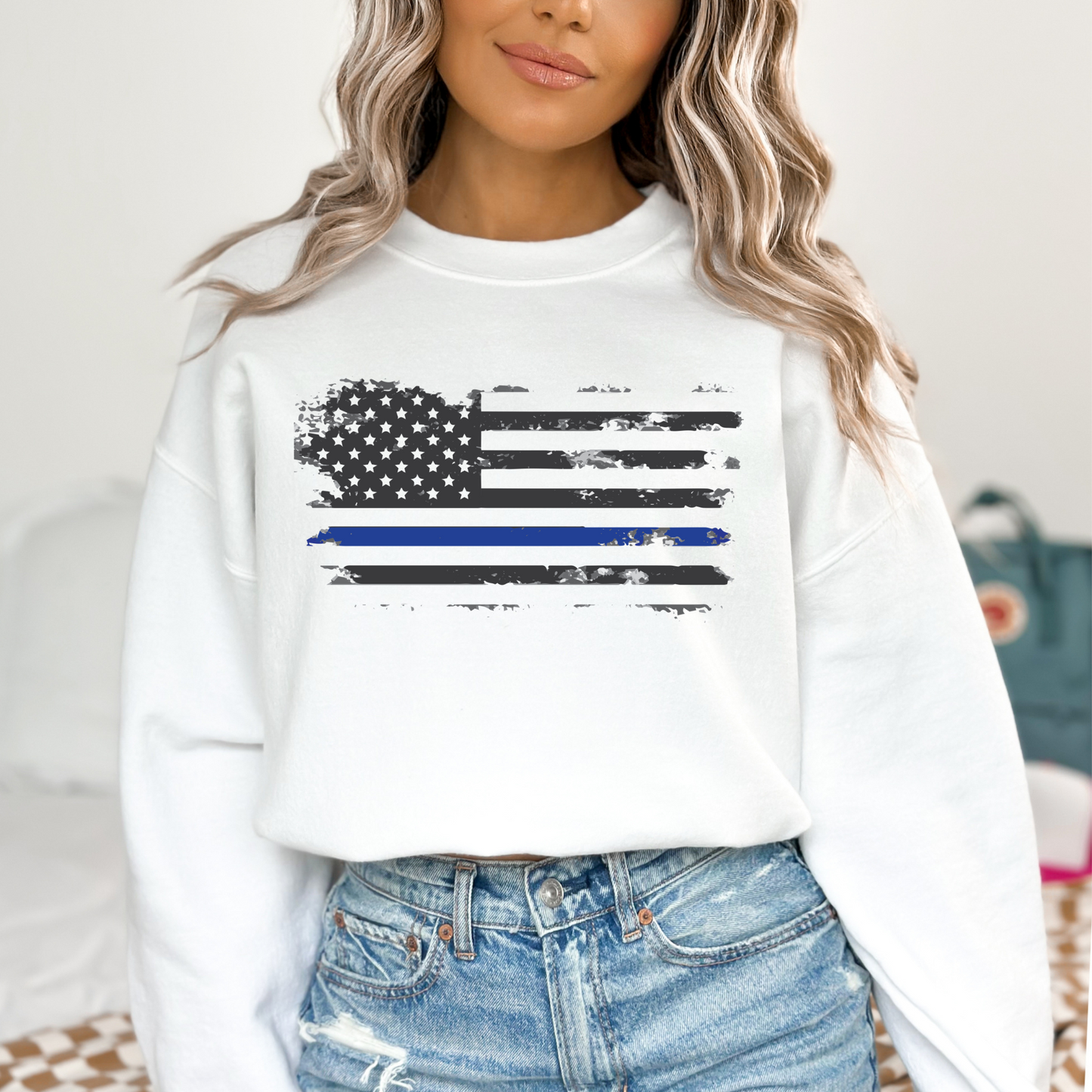 Thin Blue Line Flag - Unisex Crewneck Sweatshirt