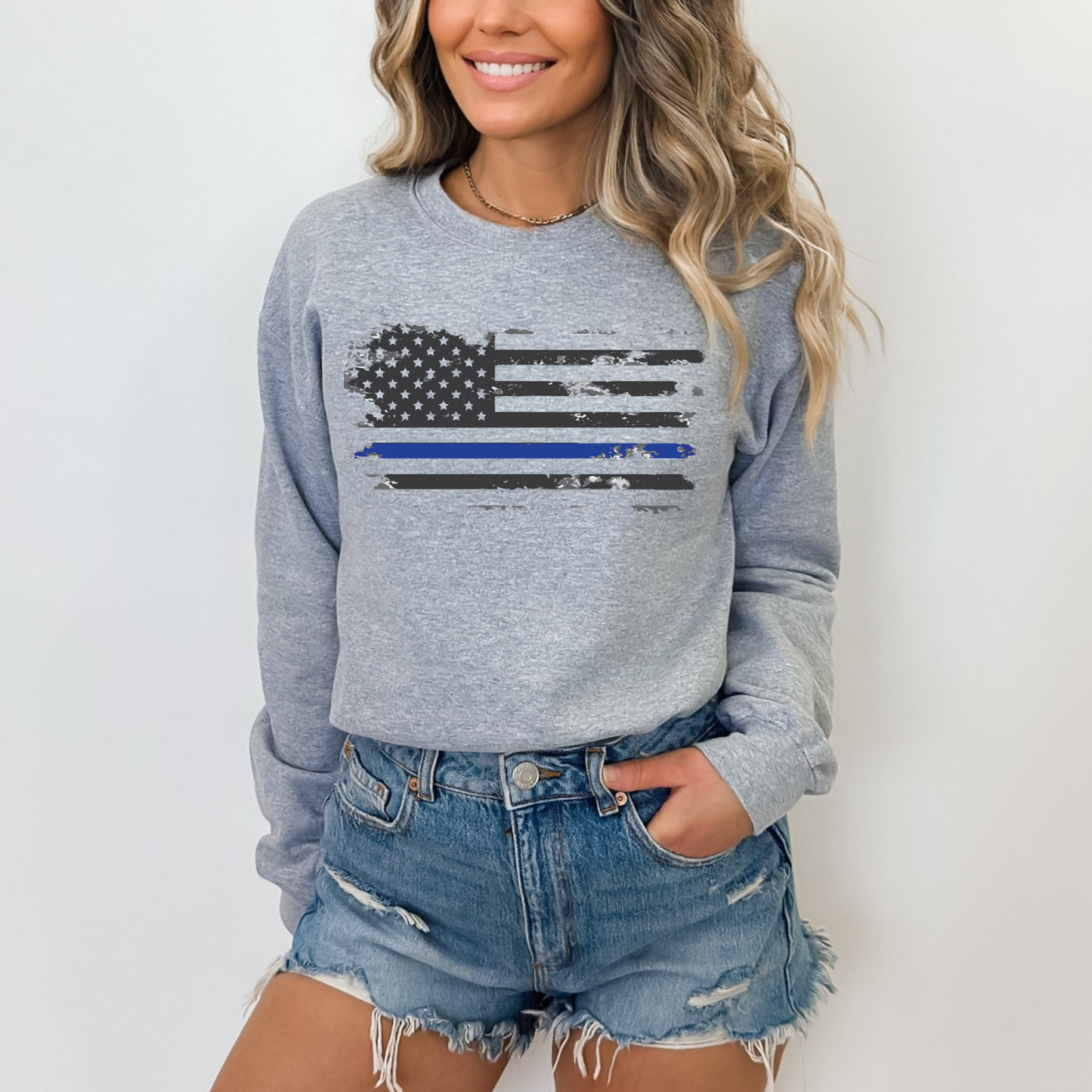 Thin Blue Line Flag - Unisex Crewneck Sweatshirt