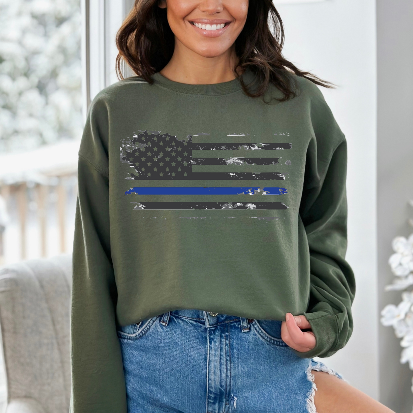 Thin Blue Line Flag - Unisex Crewneck Sweatshirt