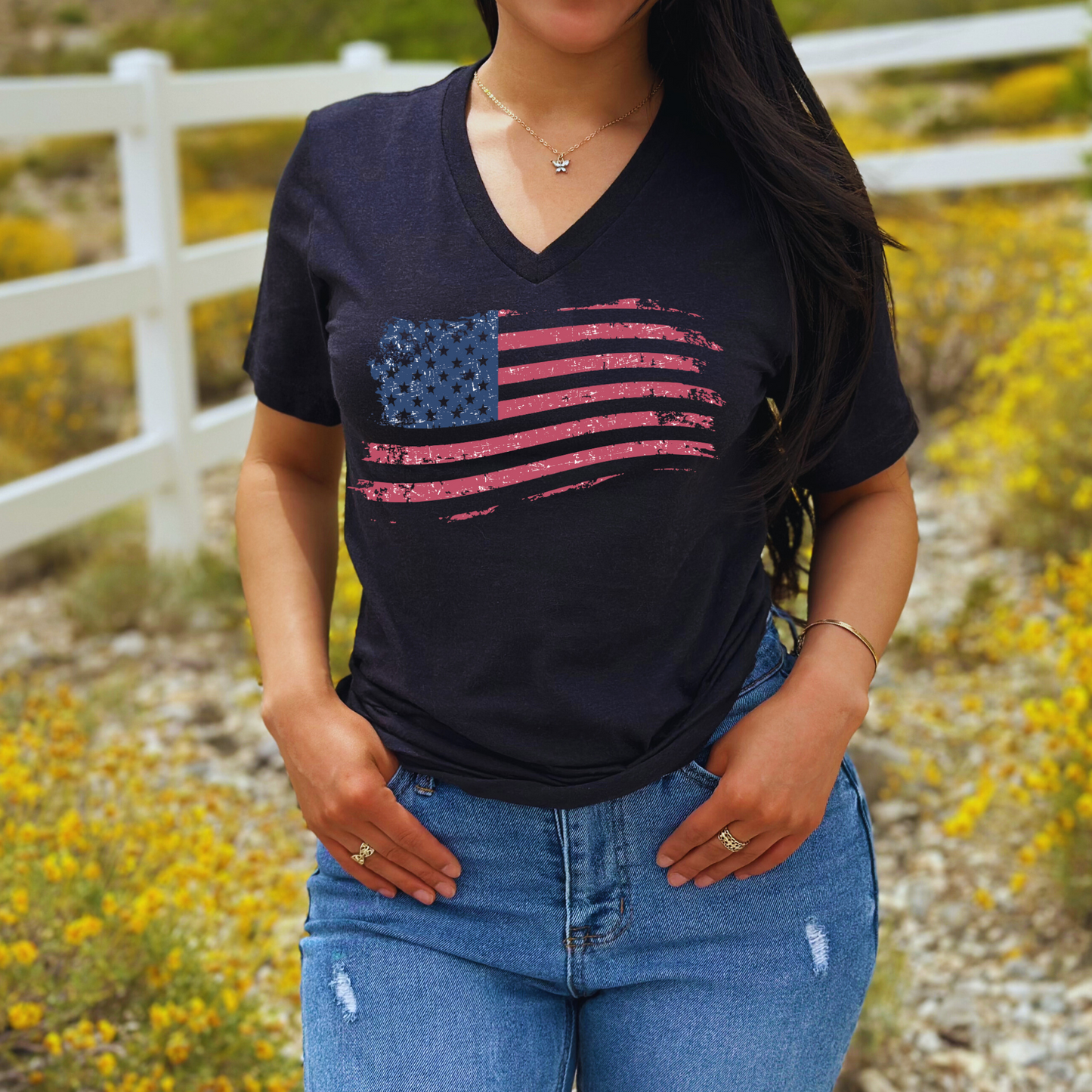 American Flag - Unisex V-Neck Jersey T-Shirt