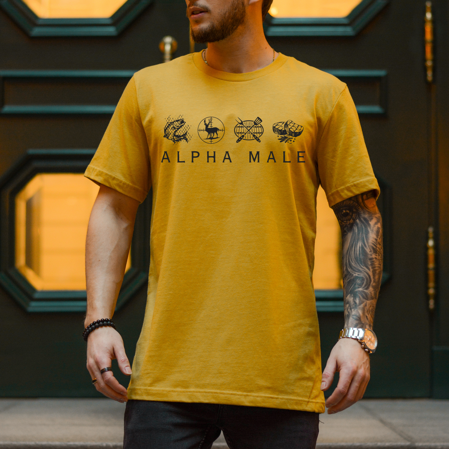 alpha male yellow unisex jersey tee