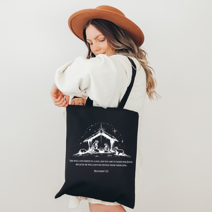 Christmas Nativity Matthew 1:21 - Cotton Canvas Tote Bag