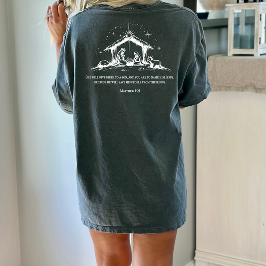 Christmas Nativity Matthew 1:21 - Unisex Garment-Dyed Heavyweight T-Shirt