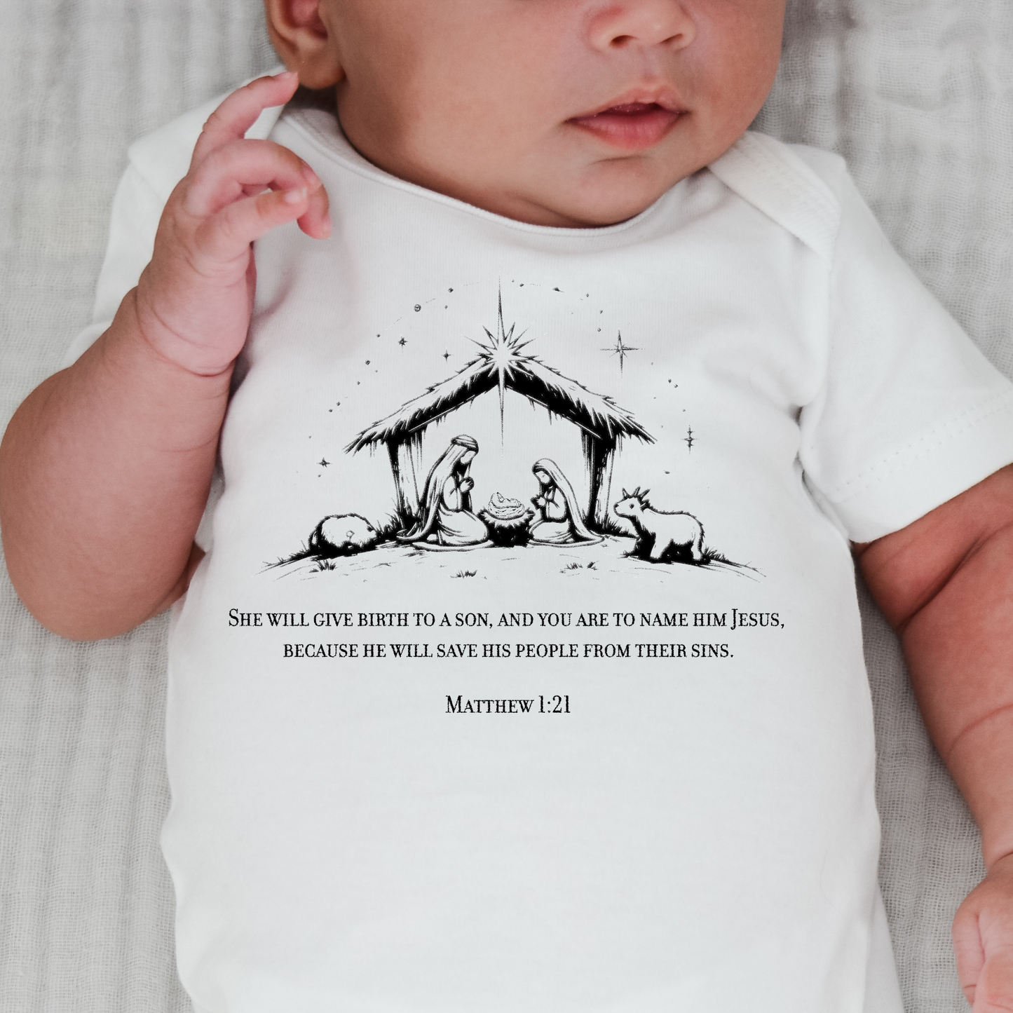 Christmas Nativity Matthew 1:21 - Baby Onesie