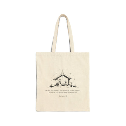 Christmas Nativity Matthew 1:21 - Cotton Canvas Tote Bag