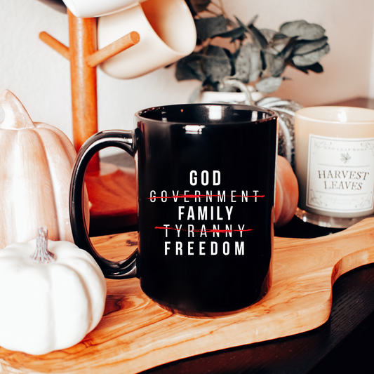 God Family Freedom - Black Glossy Mug